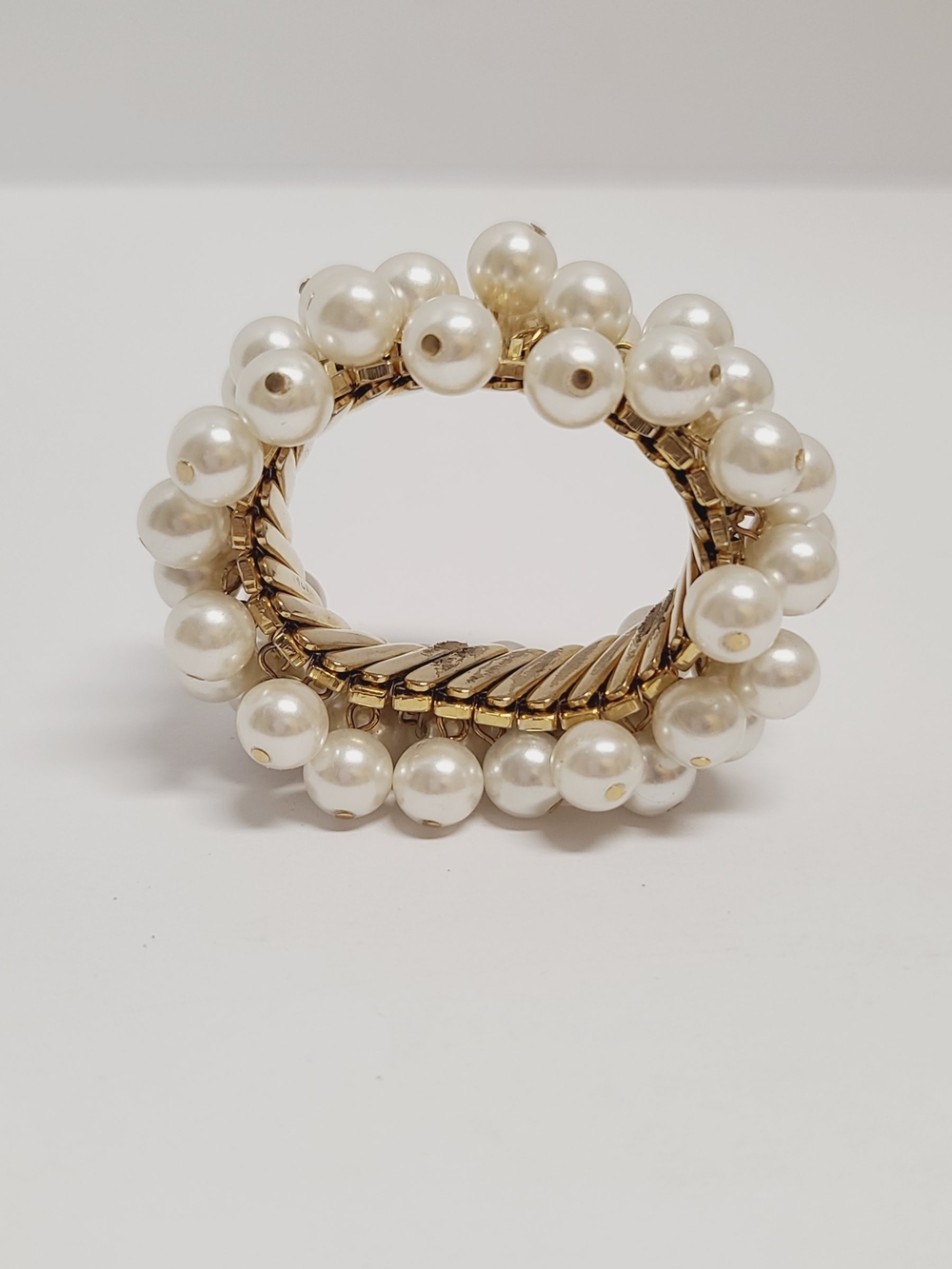 Gold & Pearl Statement Stretch Bracelet - White Pearls